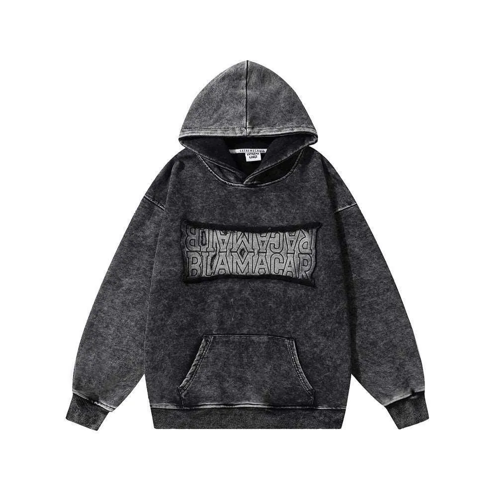 Vintage Black Acid Wash Hoodie with Embroidered Logo Patch