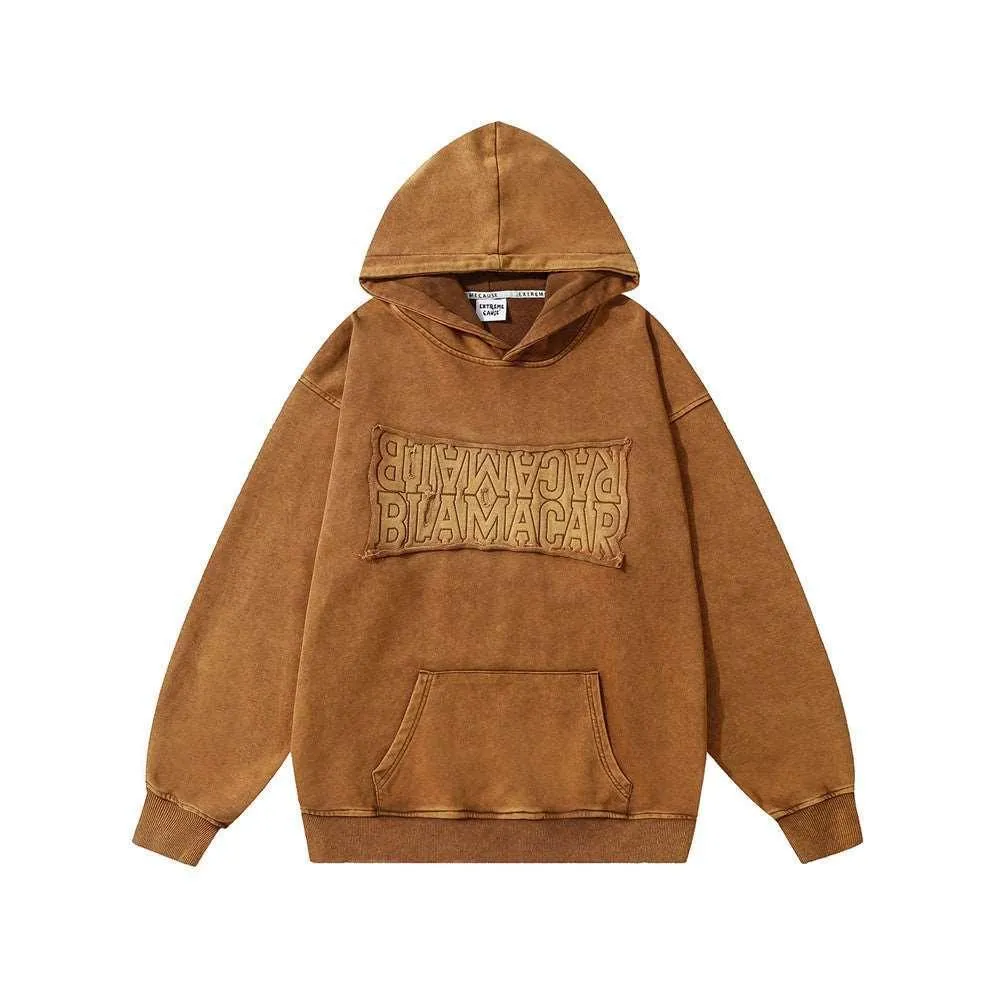 Vintage Black Acid Wash Hoodie with Embroidered Logo Patch