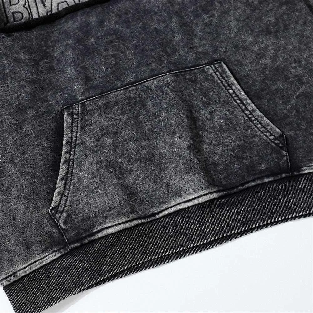 Vintage Black Acid Wash Hoodie with Embroidered Logo Patch