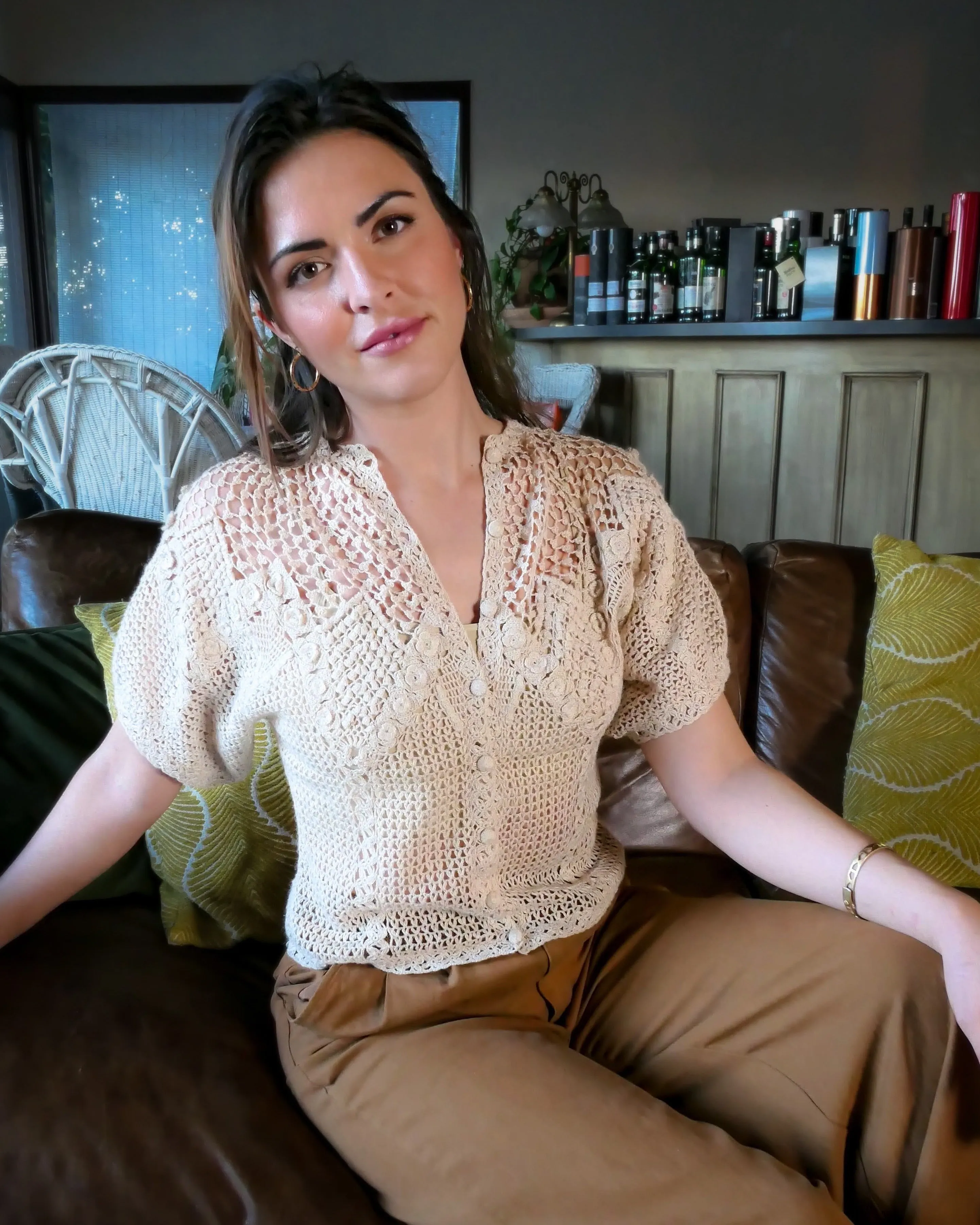 Vintage Crochet Button Down Short Sleeve Top