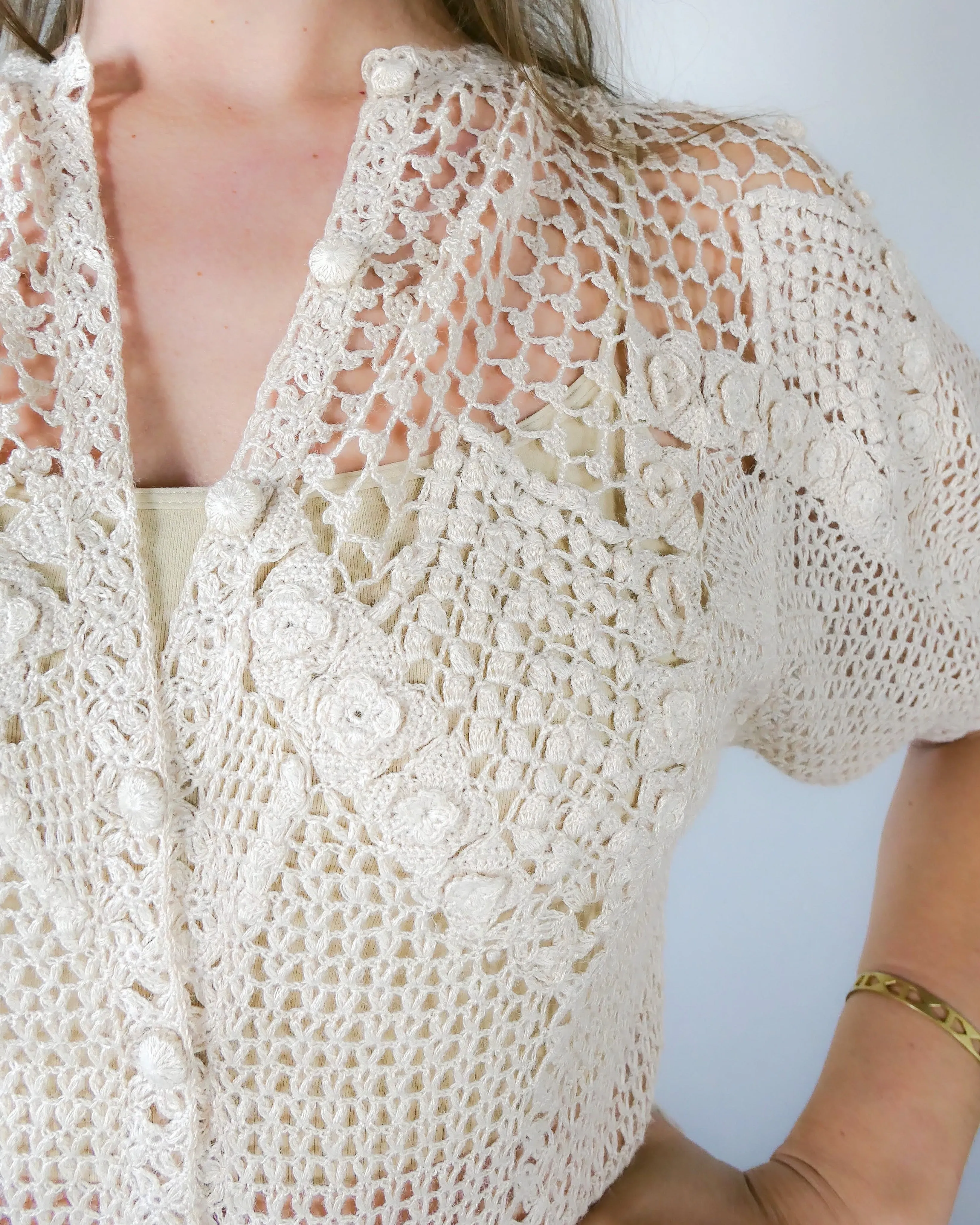 Vintage Crochet Button Down Short Sleeve Top