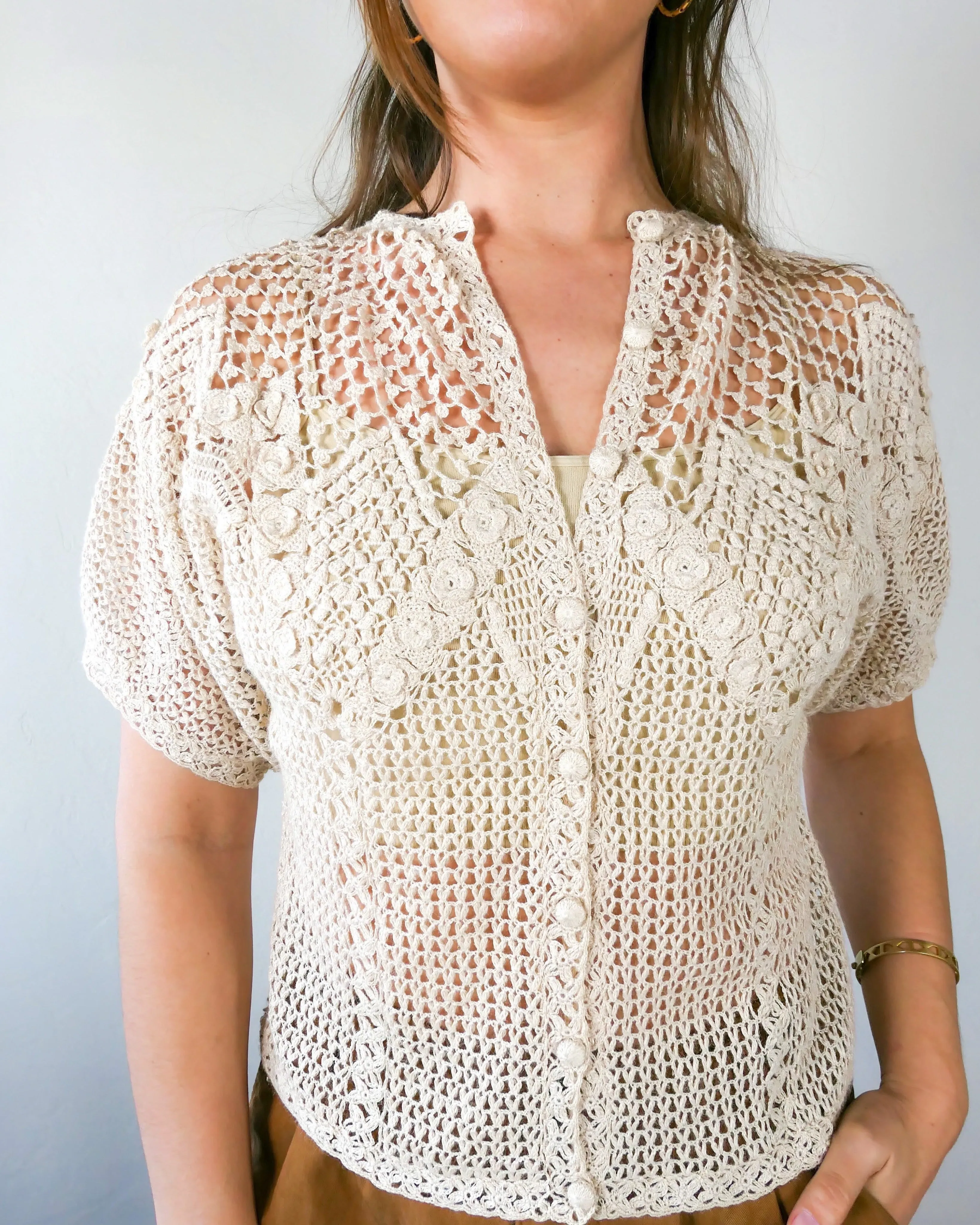Vintage Crochet Button Down Short Sleeve Top