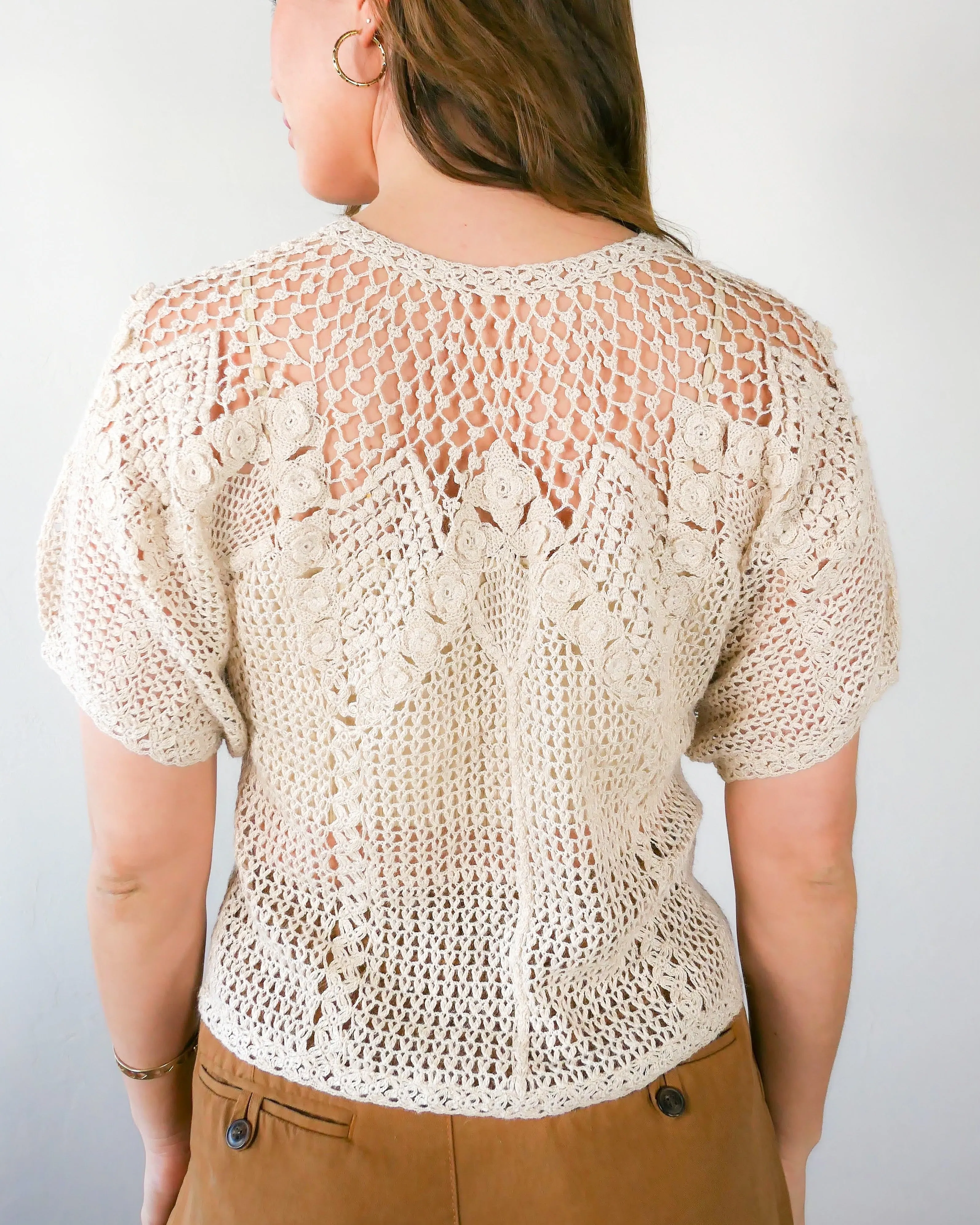 Vintage Crochet Button Down Short Sleeve Top