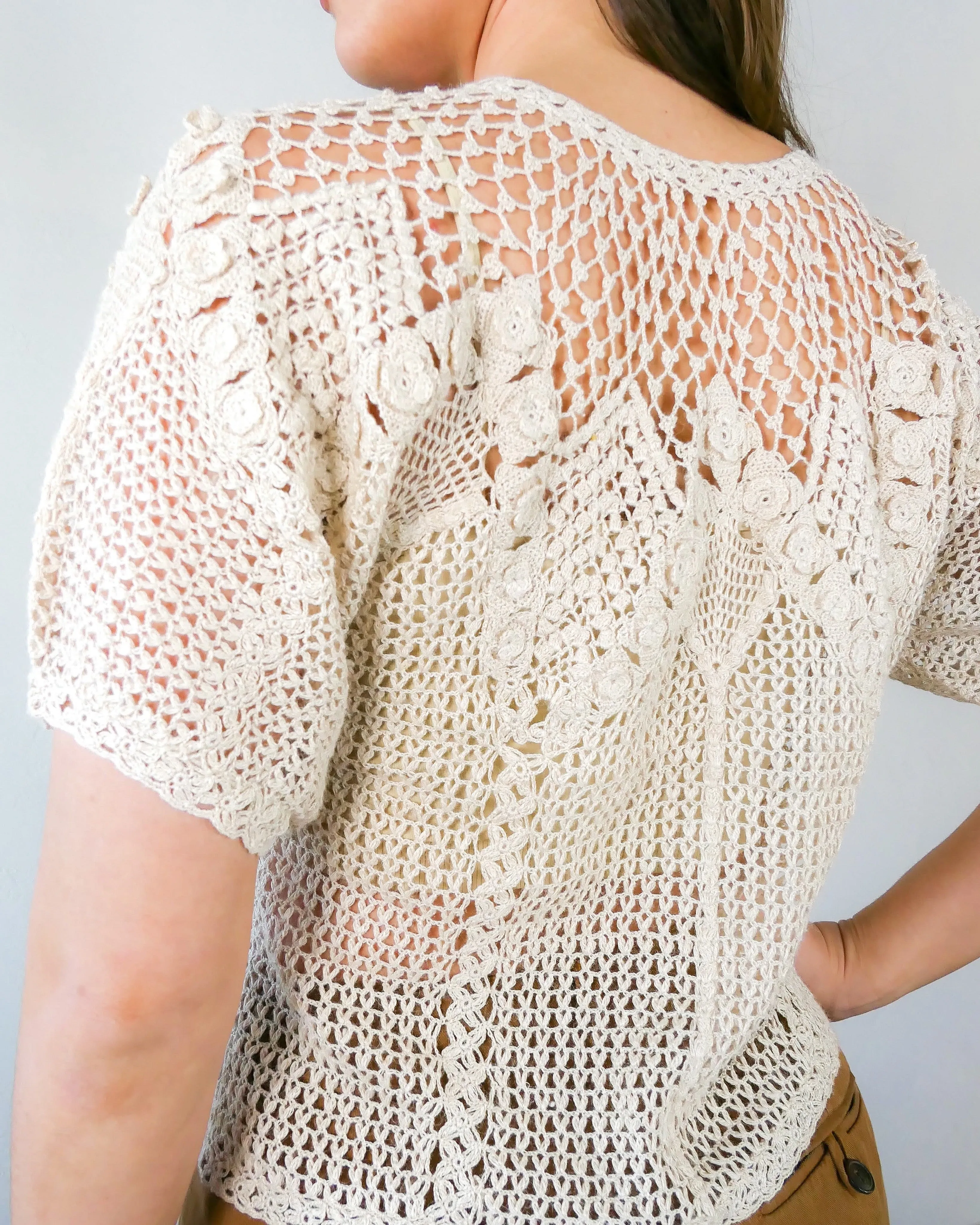 Vintage Crochet Button Down Short Sleeve Top