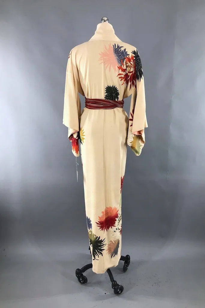 Vintage Ivory Gold Chrysanthemum Silk Kimono Robe