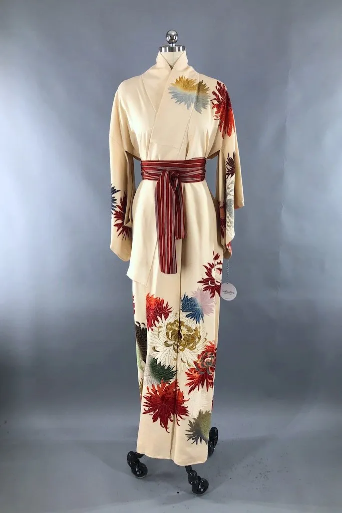 Vintage Ivory Gold Chrysanthemum Silk Kimono Robe