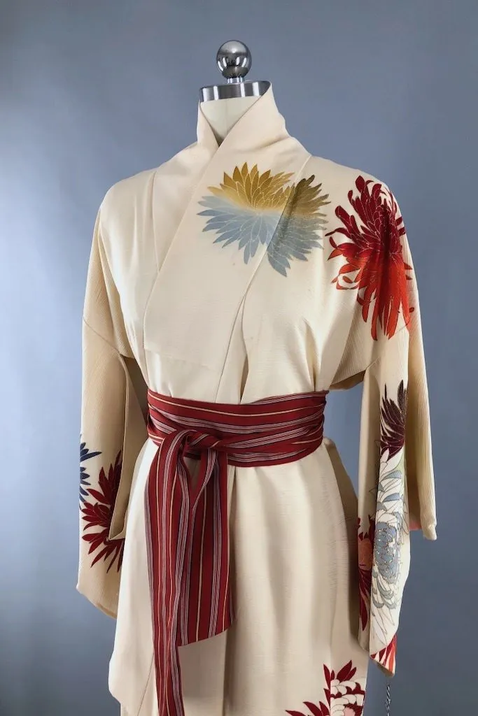 Vintage Ivory Gold Chrysanthemum Silk Kimono Robe