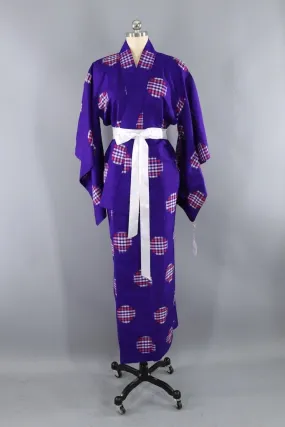 Vintage Purple Gingham Ikat Silk Kimono