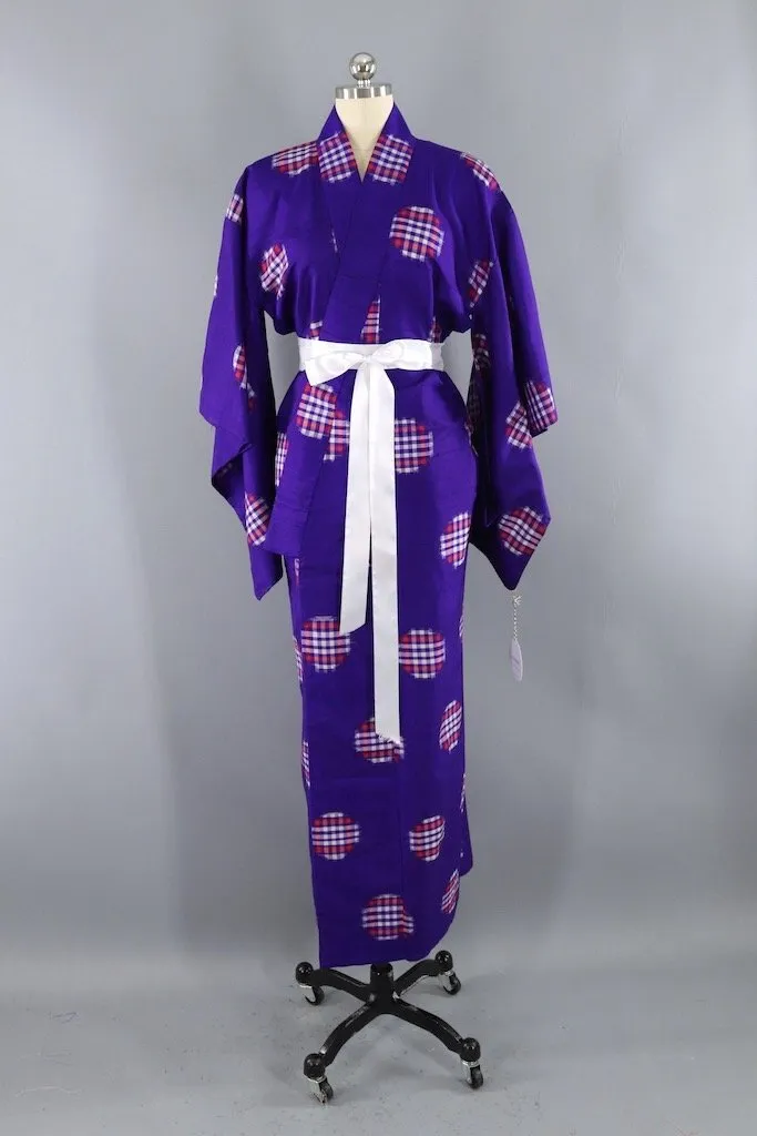 Vintage Purple Gingham Ikat Silk Kimono