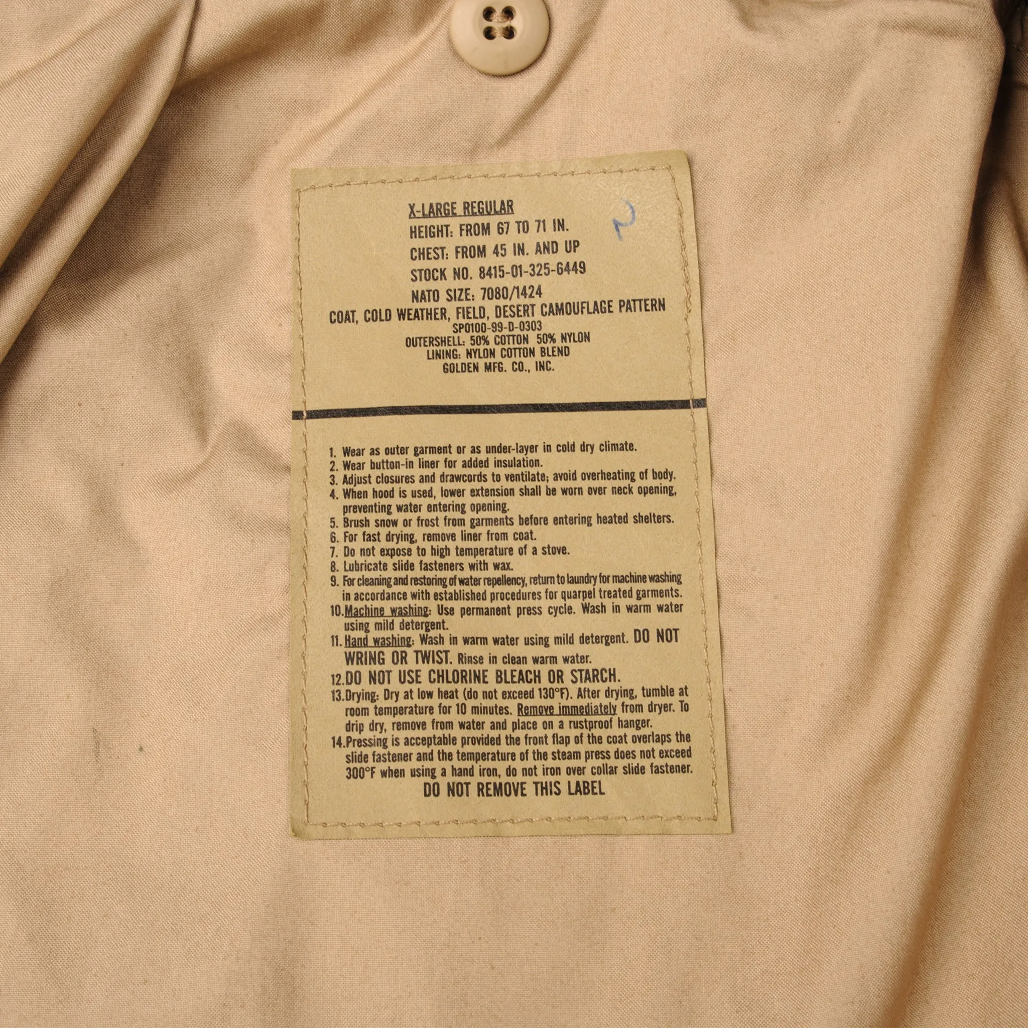 VINTAGE US NAVY SEABEES M-1965 M65 FIELD JACKET DESERT CAMOUFLAGE PATTERN 1999 SIZE X-LARGE REGULAR