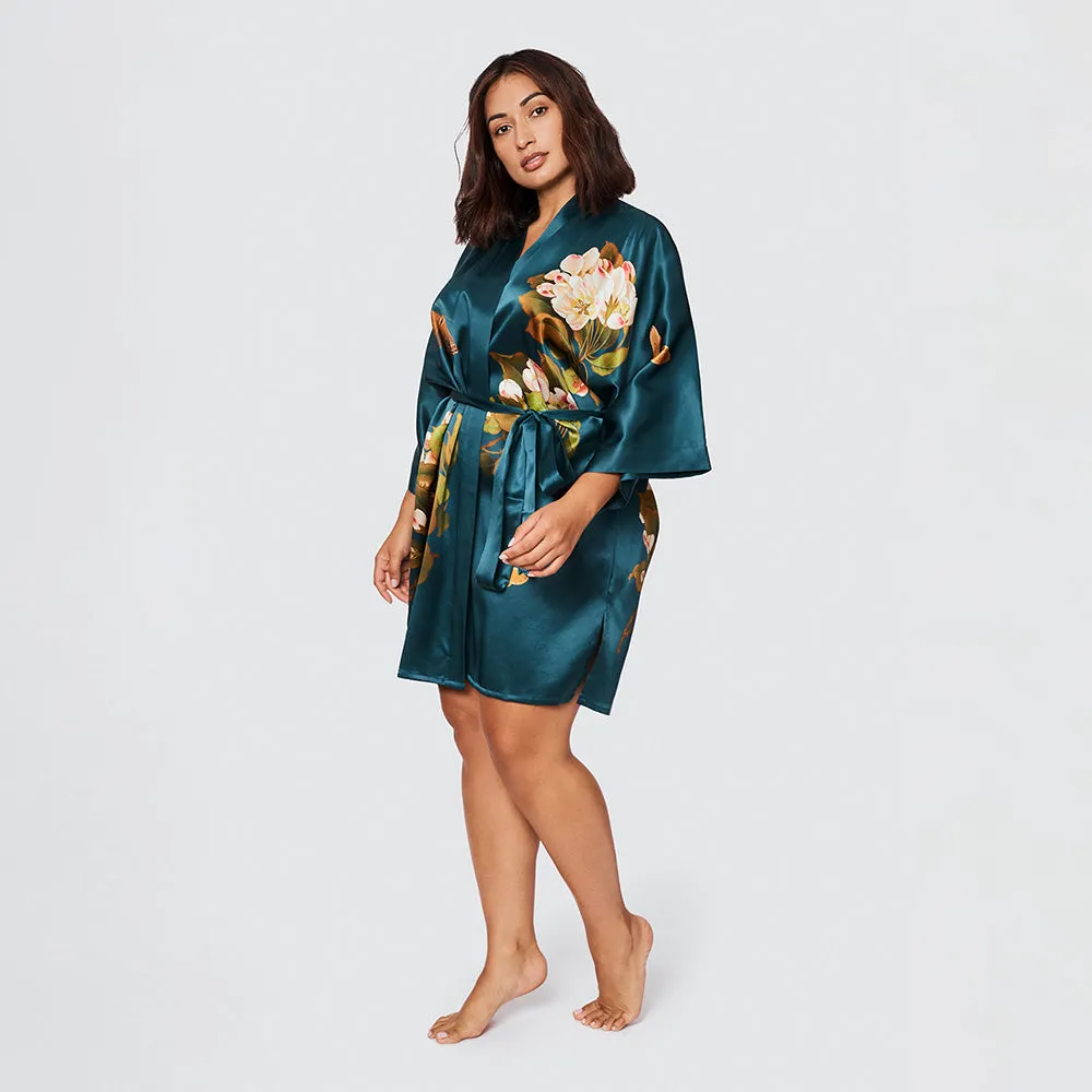 Washable Silk Peony & Butterfly Short Kimono Robe (Plus Size)