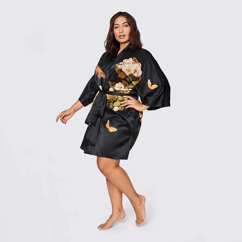 Washable Silk Peony & Butterfly Short Kimono Robe (Plus Size)