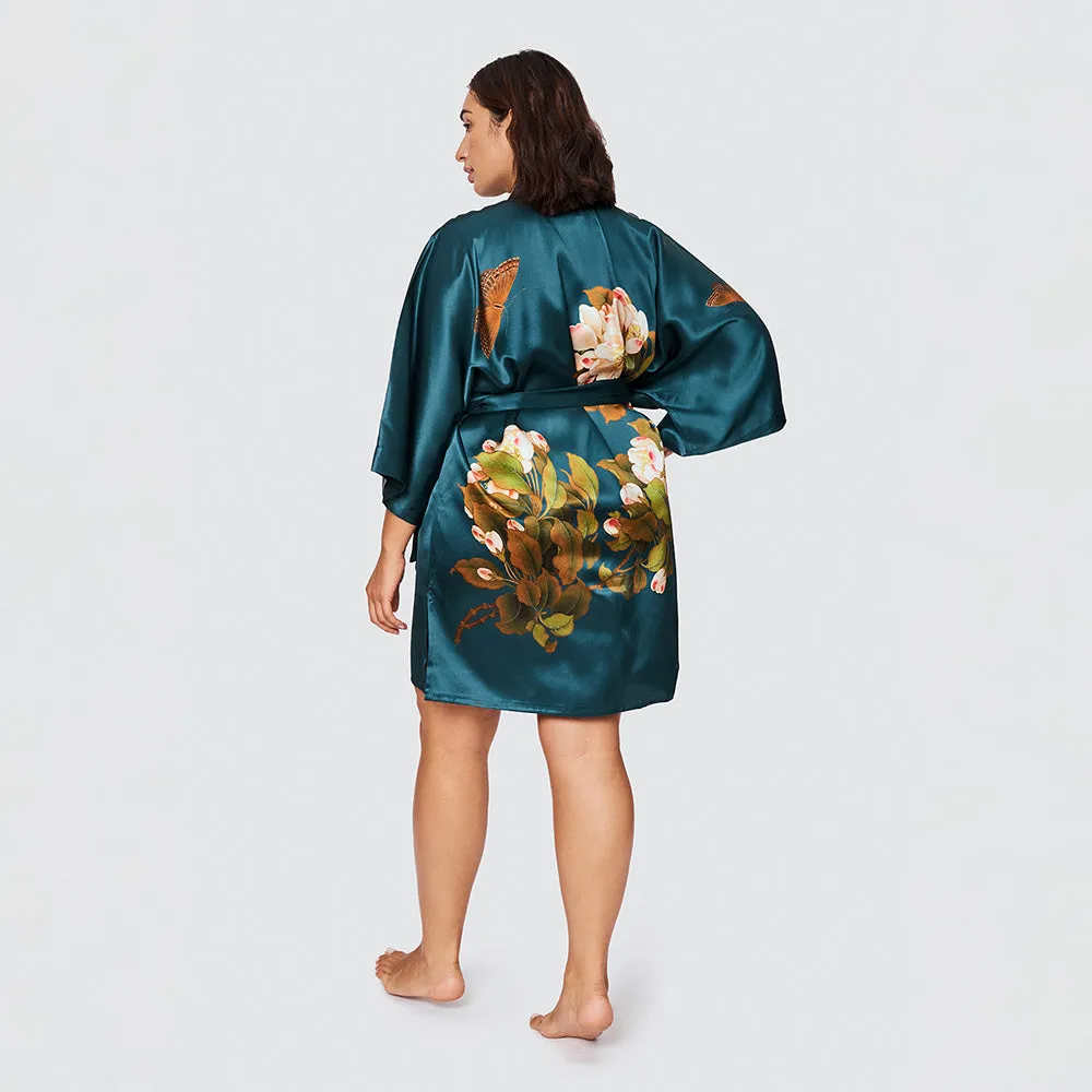 Washable Silk Peony & Butterfly Short Kimono Robe (Plus Size)