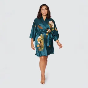 Washable Silk Peony & Butterfly Short Kimono Robe (Plus Size)