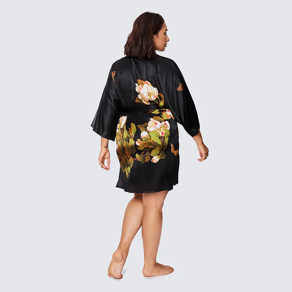 Washable Silk Peony & Butterfly Short Kimono Robe (Plus Size)