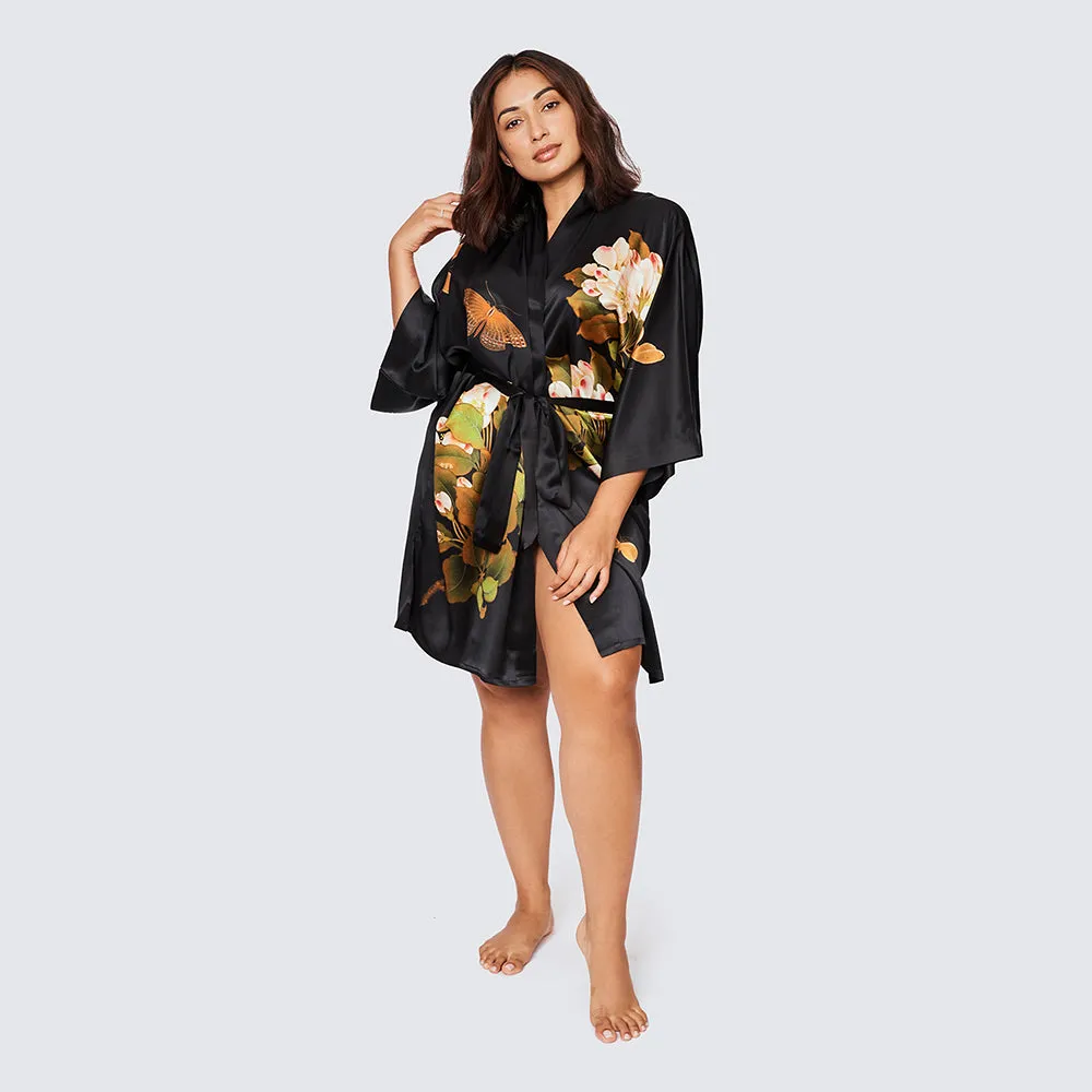 Washable Silk Peony & Butterfly Short Kimono Robe (Plus Size)