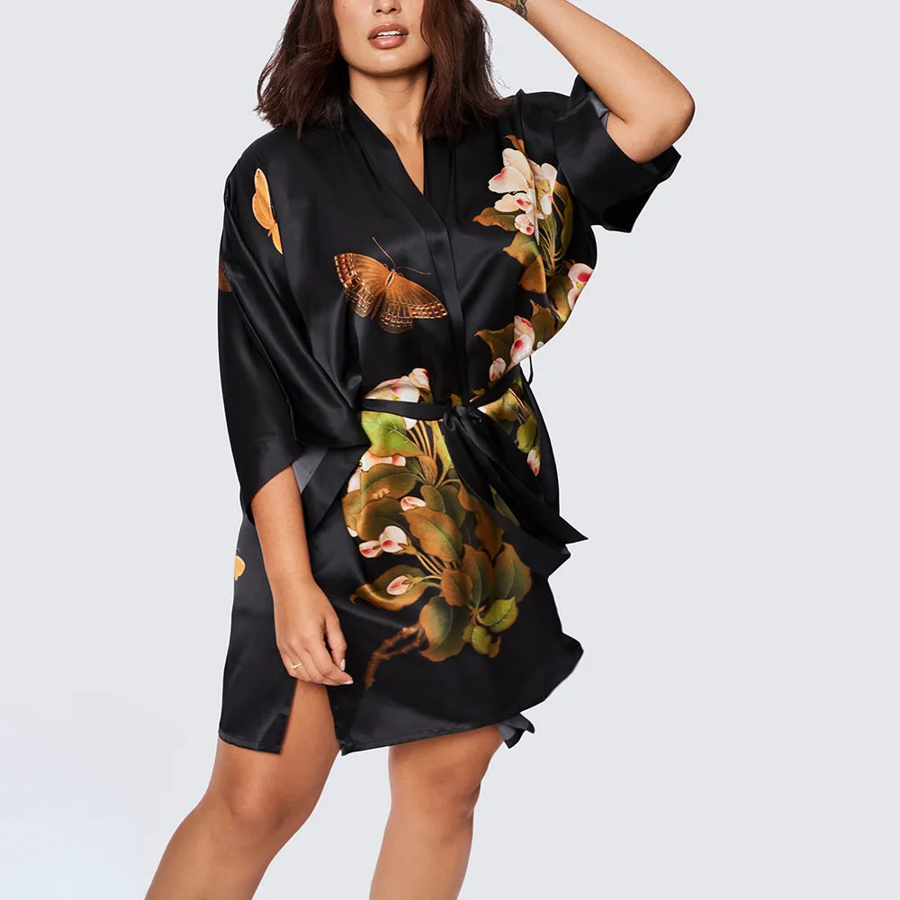 Washable Silk Peony & Butterfly Short Kimono Robe (Plus Size)