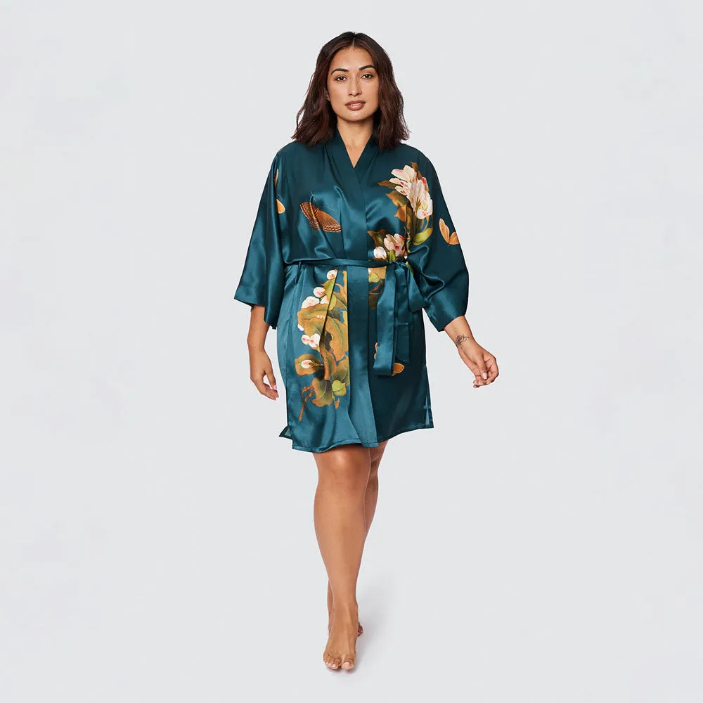 Washable Silk Peony & Butterfly Short Kimono Robe (Plus Size)