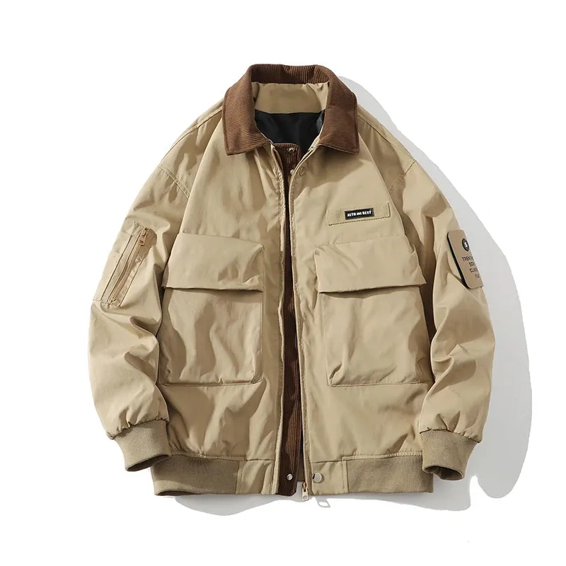 Wiaofellas  -  Autumn Men Pilot Jacket Multi-Pocket Retro Streetwear Casual Corduroy Patchwork Lapel Jacket Male Outerwear Clothing