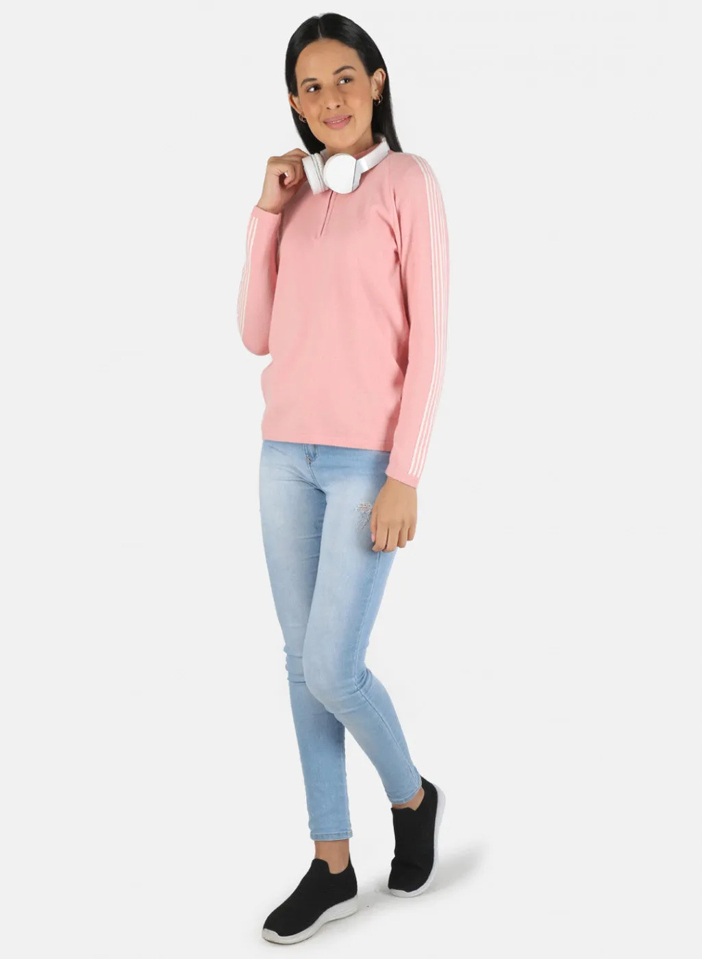 Women Pink Self Design Pullover