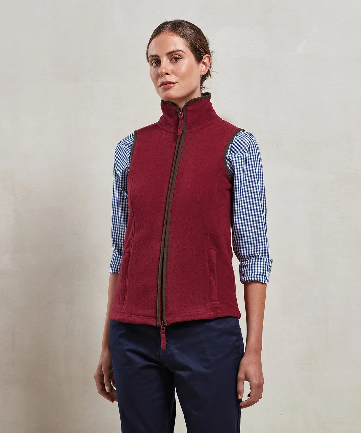 Womens artisan fleece gilet | Navy/Brown