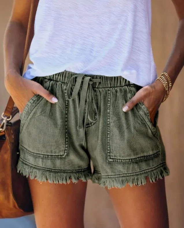 Women'S Elastic Waist Casual High Waist Slim Denim Shorts