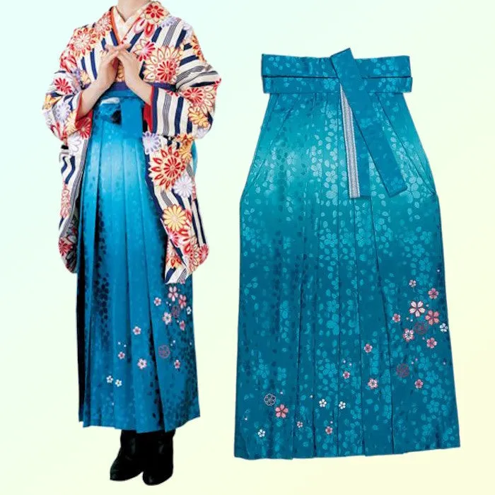 Women's Hakama - Blue Gradient with Pink Flowers - Brand New Kimono Pants/Trousers - Washable