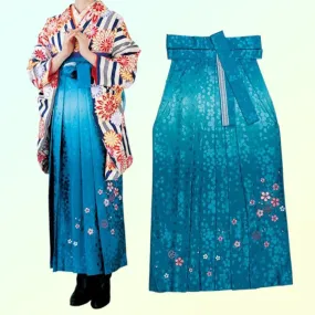 Women's Hakama - Blue Gradient with Pink Flowers - Brand New Kimono Pants/Trousers - Washable