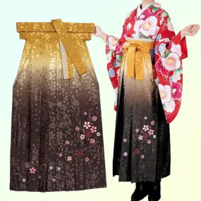 Women's Hakama - Gold to Brown Gradient with Pink Flowers - Brand New Kimono Pants/Trousers - Washable