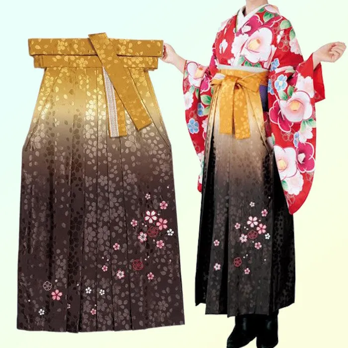Women's Hakama - Gold to Brown Gradient with Pink Flowers - Brand New Kimono Pants/Trousers - Washable