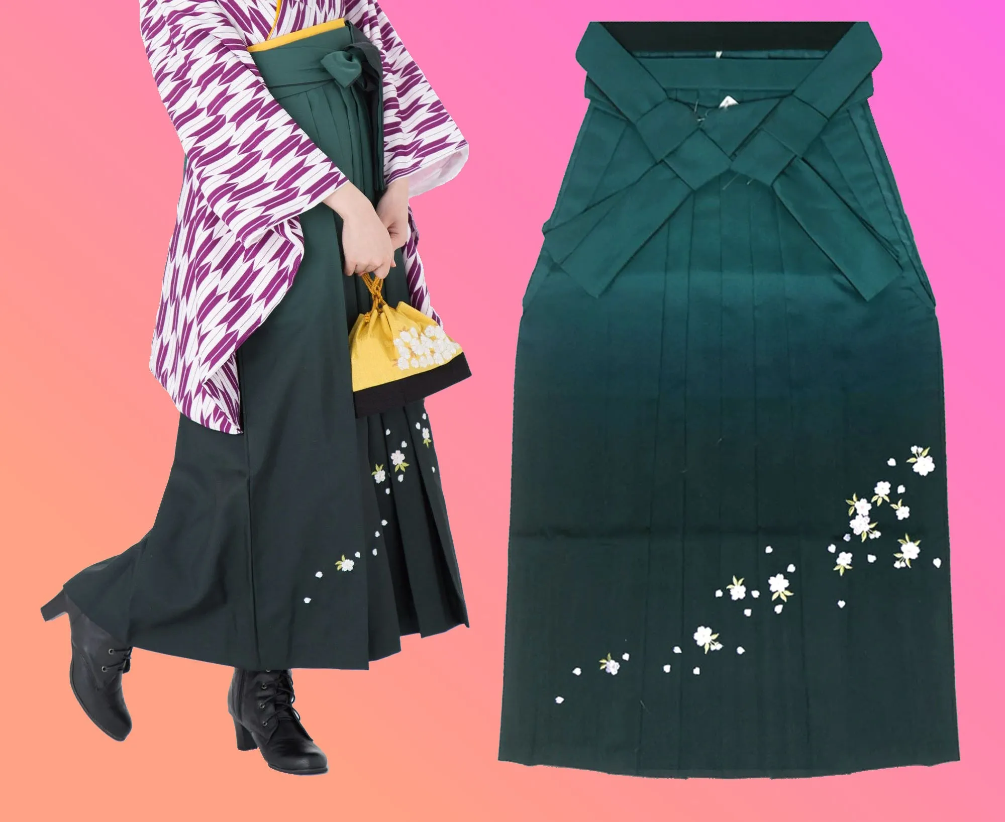 Women's Hakama - Green Gradient with White Flowers - Brand New Kimono Pants/Trousers - Washable