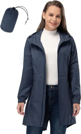 Women's Rain Jacket Lightweight Hooded Long Rain Coat Waterproof Jacket Ladies Packable Functional Jacket Windbreaker Breathable Active Outdoor Coats